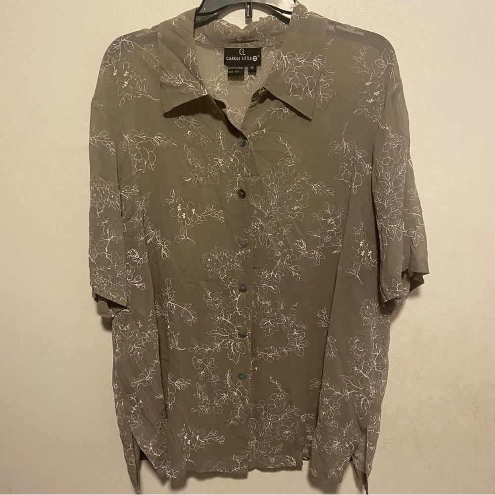 Carole Little Women’s Button Down Silk Sheer Blouse Size 16 Floral Old Money